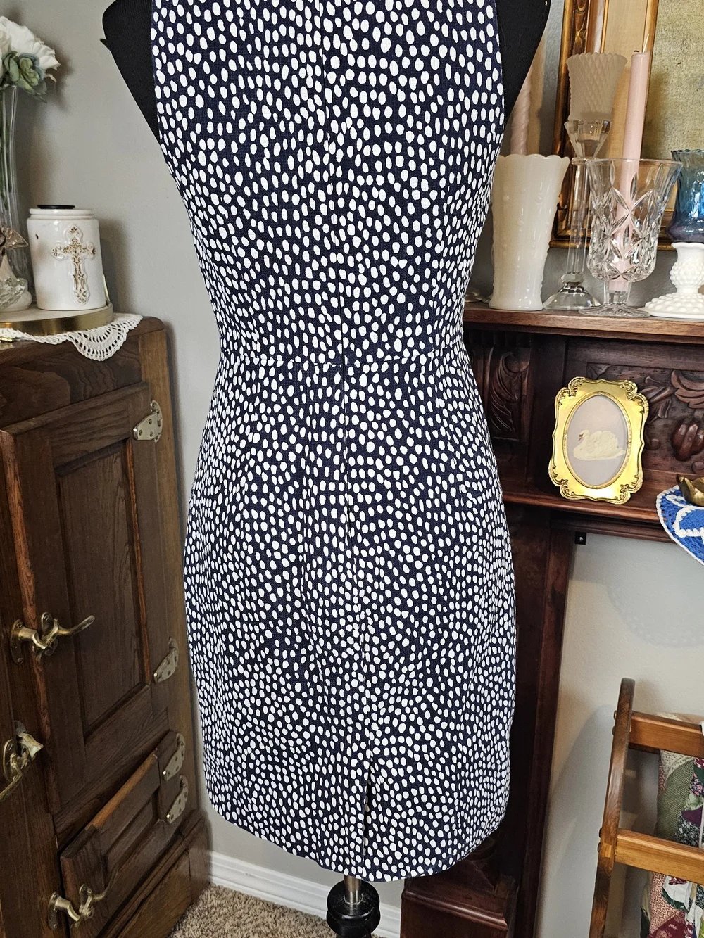 J.Crew Navy White Dot Sheath Dress Size 4 Sleeveless Cotton Lined Career